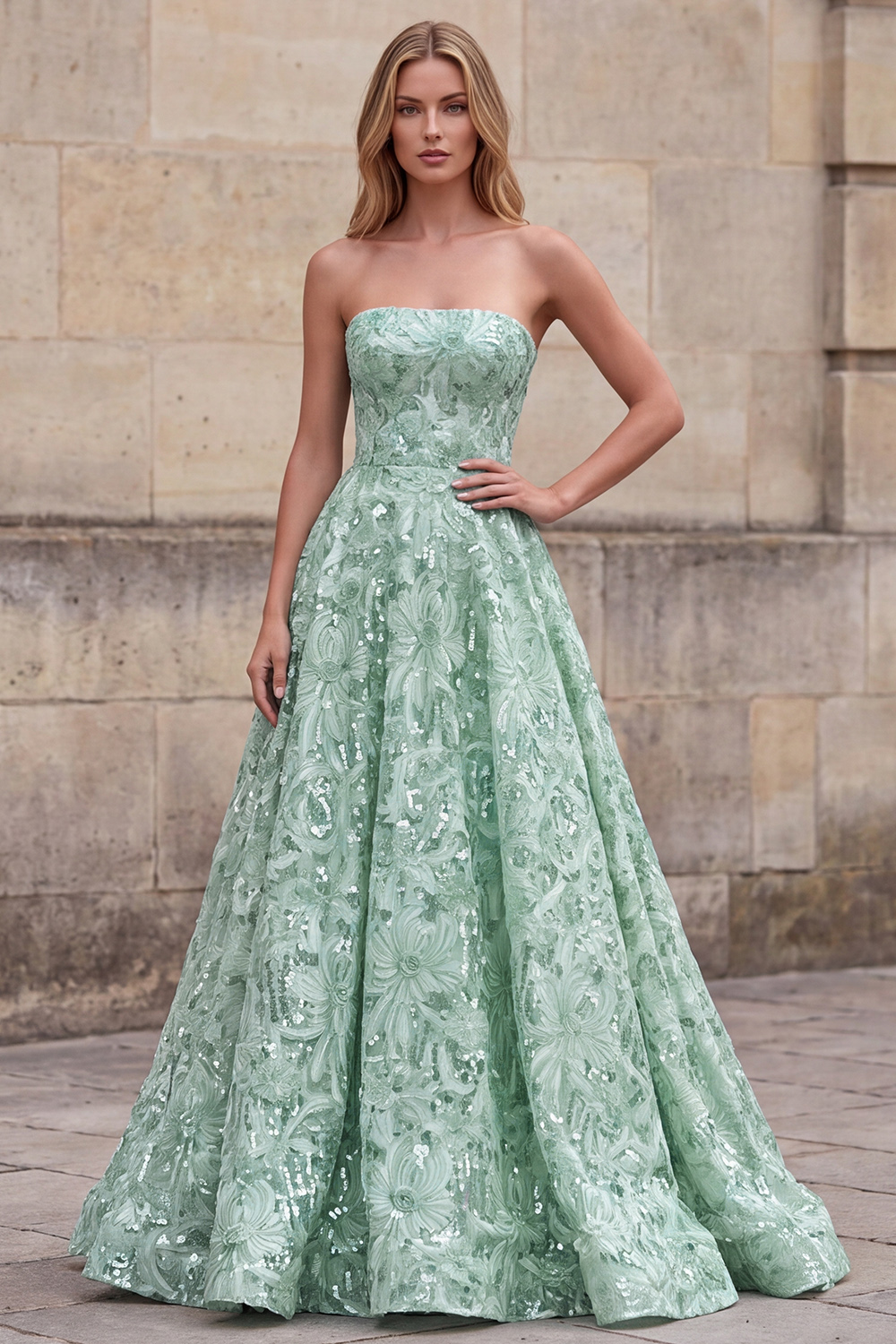 Light Green Sparkly Floral Sequin A-Line Strapless Long Prom Dress