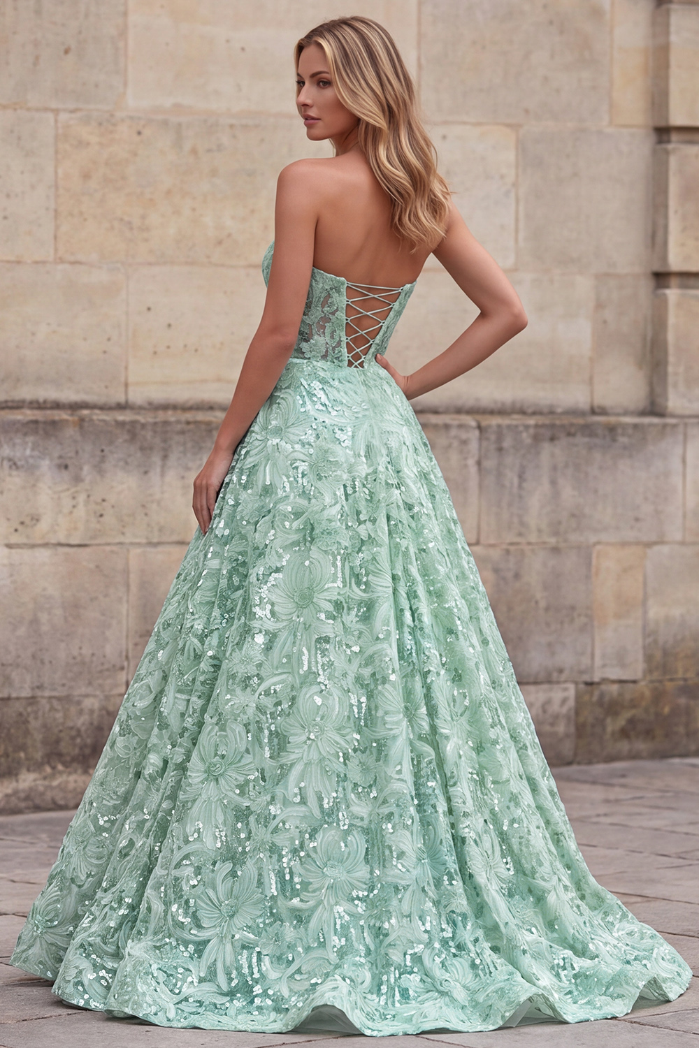 Light Green Sparkly Floral Sequin A-Line Strapless Long Prom Dress