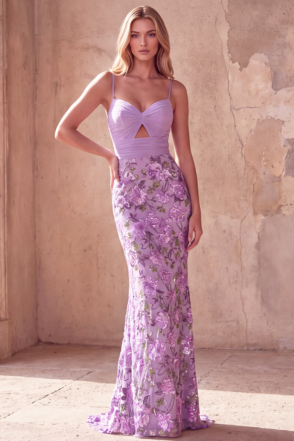 Sparkly Purple Floral Sequin Mermaid Ruched Long Prom Dress