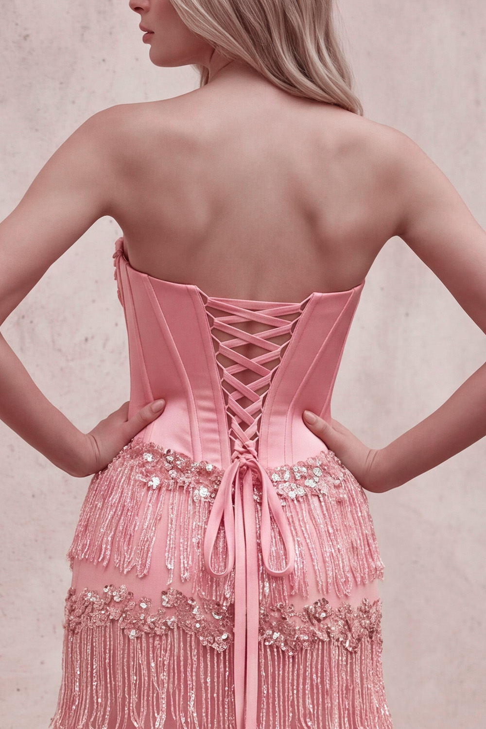 Sparkly Pink Corset Strapless Fringed Beaded Long Prom Dress
