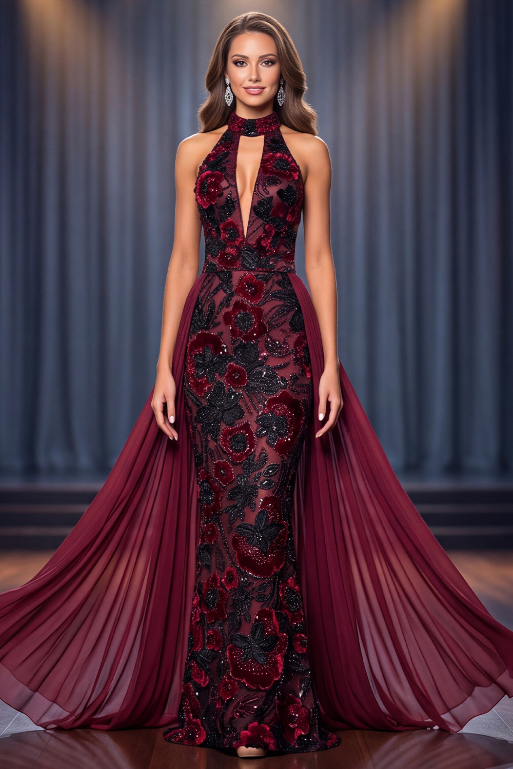 Burgundy Mermaid High Neck Floral Long Pageant Dress with Sequins