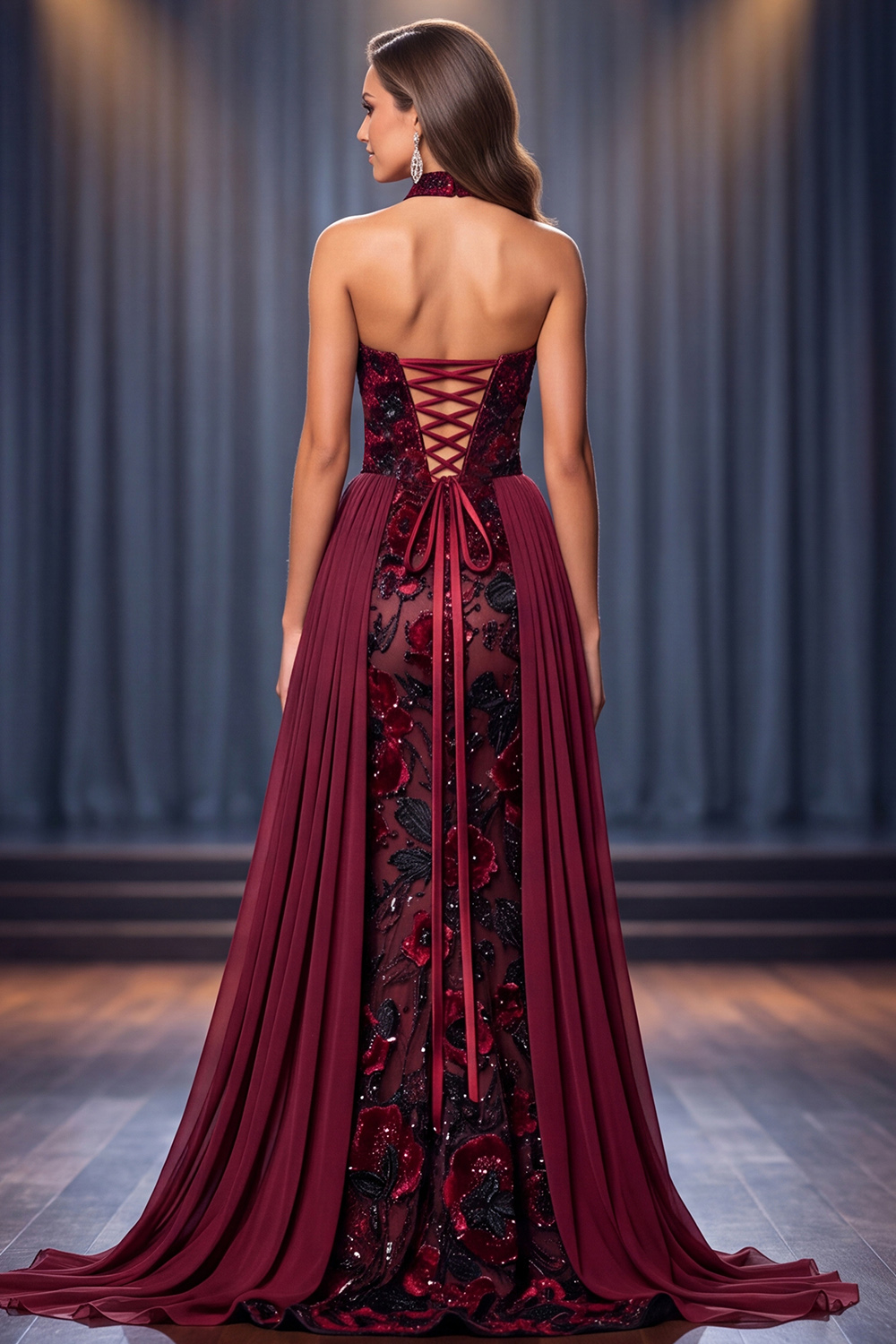 Burgundy Mermaid High Neck Floral Long Pageant Dress with Sequins