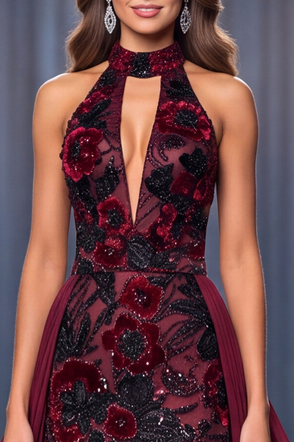 Burgundy Mermaid High Neck Floral Long Pageant Dress with Sequins