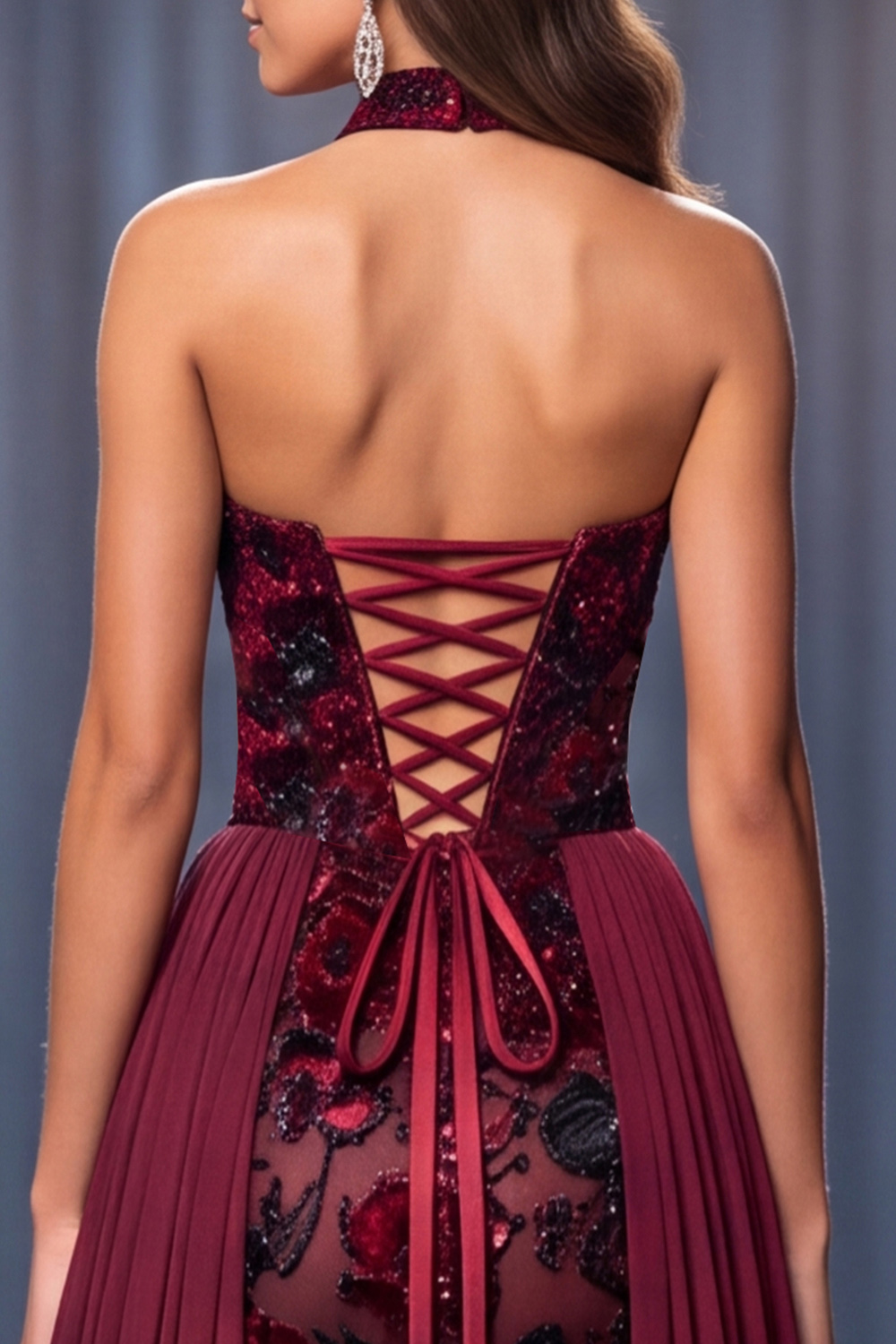 Burgundy Mermaid High Neck Floral Long Pageant Dress with Sequins