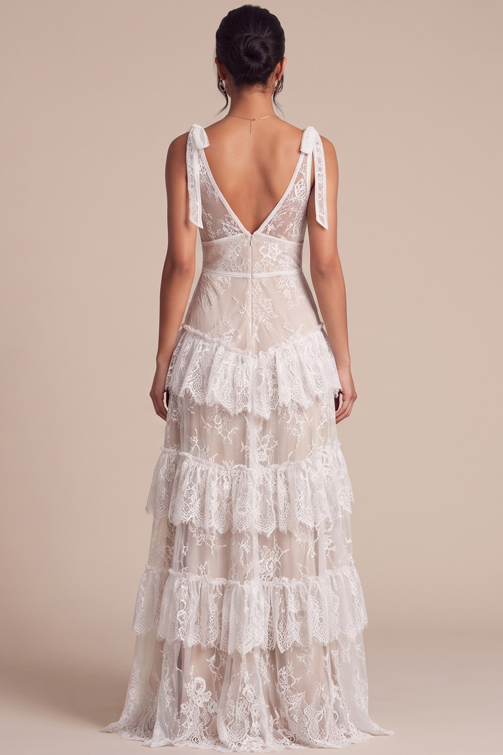 White A-Line V-Neck Tiered Maxi Engagement Dress with Slit