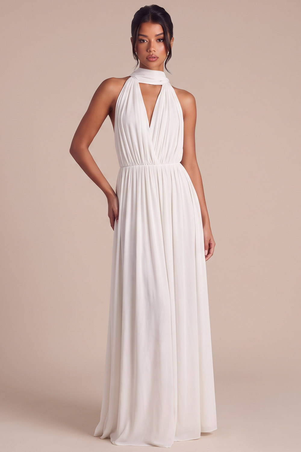 White A-Line Halter Ruched Maxi Engagement Dress with Bow