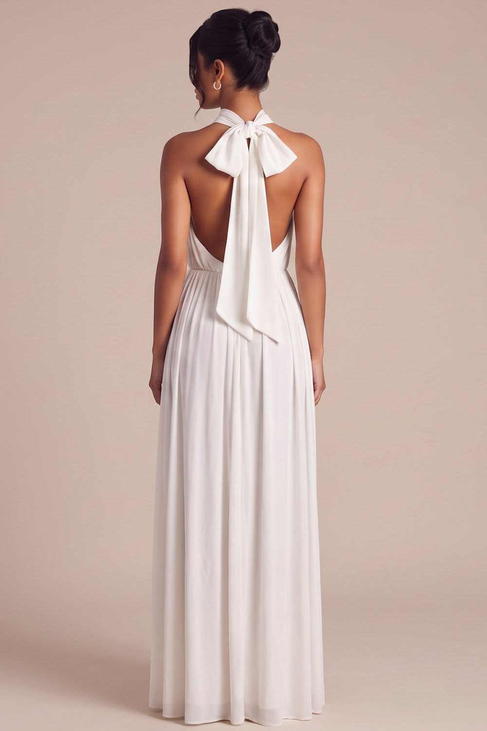 White A-Line Halter Ruched Maxi Engagement Dress with Bow
