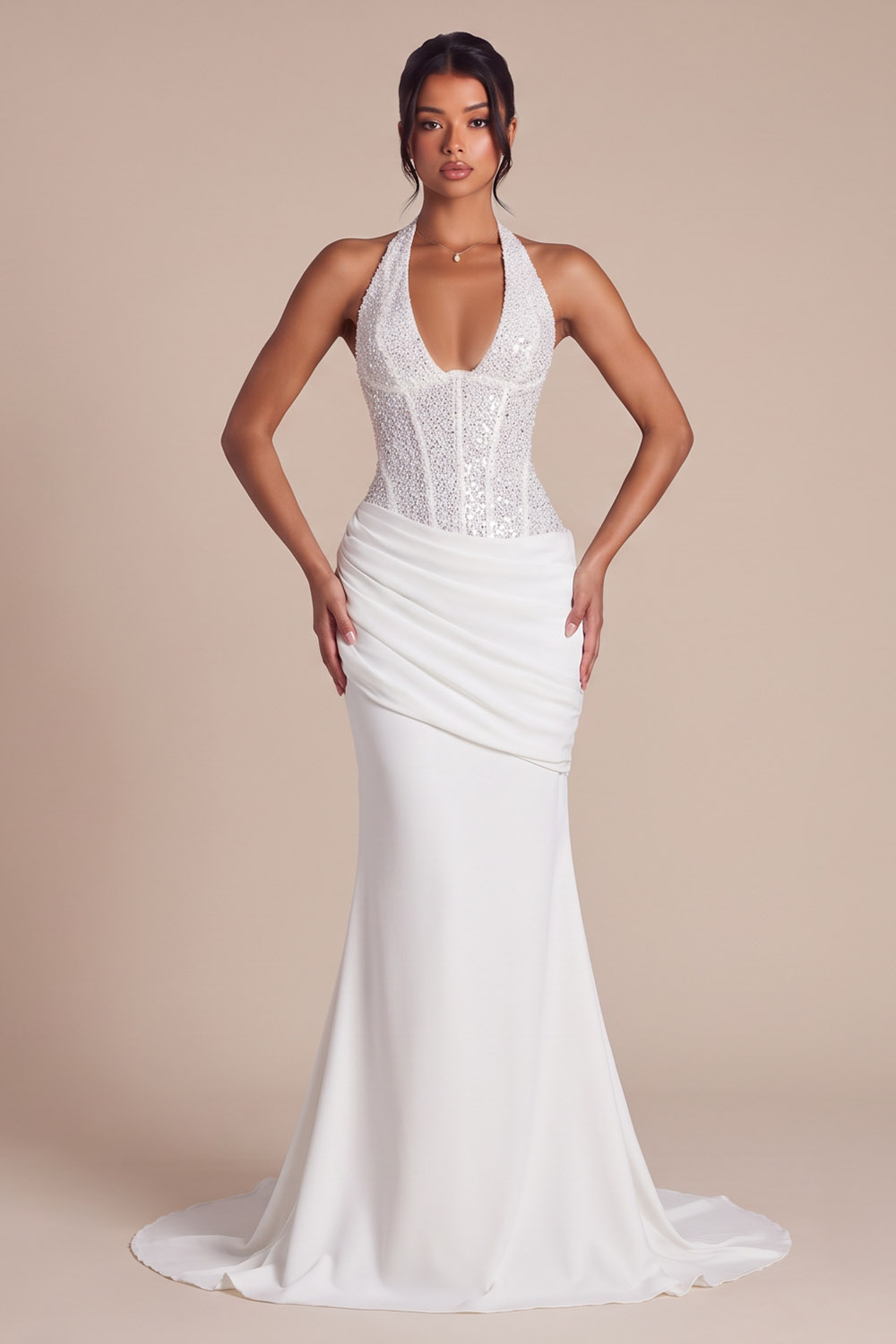 White Corset Halter Mermaid Ruched Sweep Train Wedding Dress with Sequins