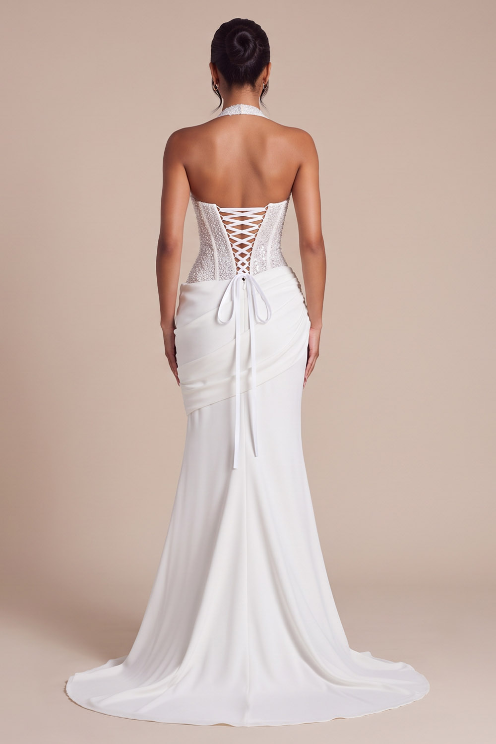White Corset Halter Mermaid Ruched Sweep Train Wedding Dress with Sequins