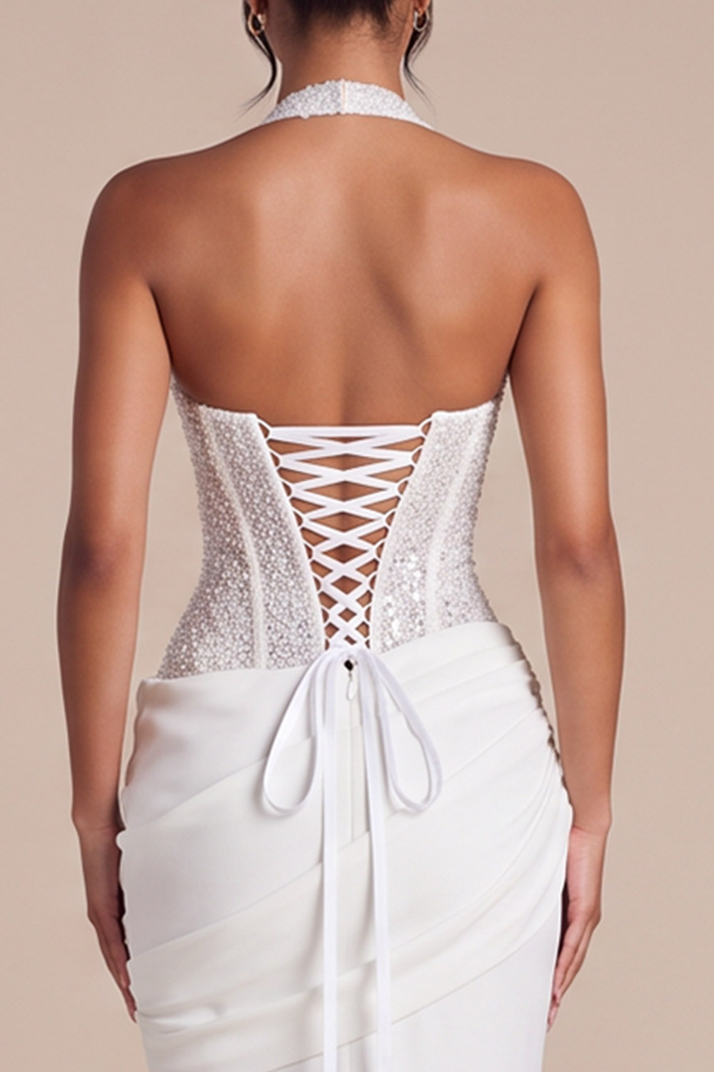 White Corset Halter Mermaid Ruched Sweep Train Wedding Dress with Sequins