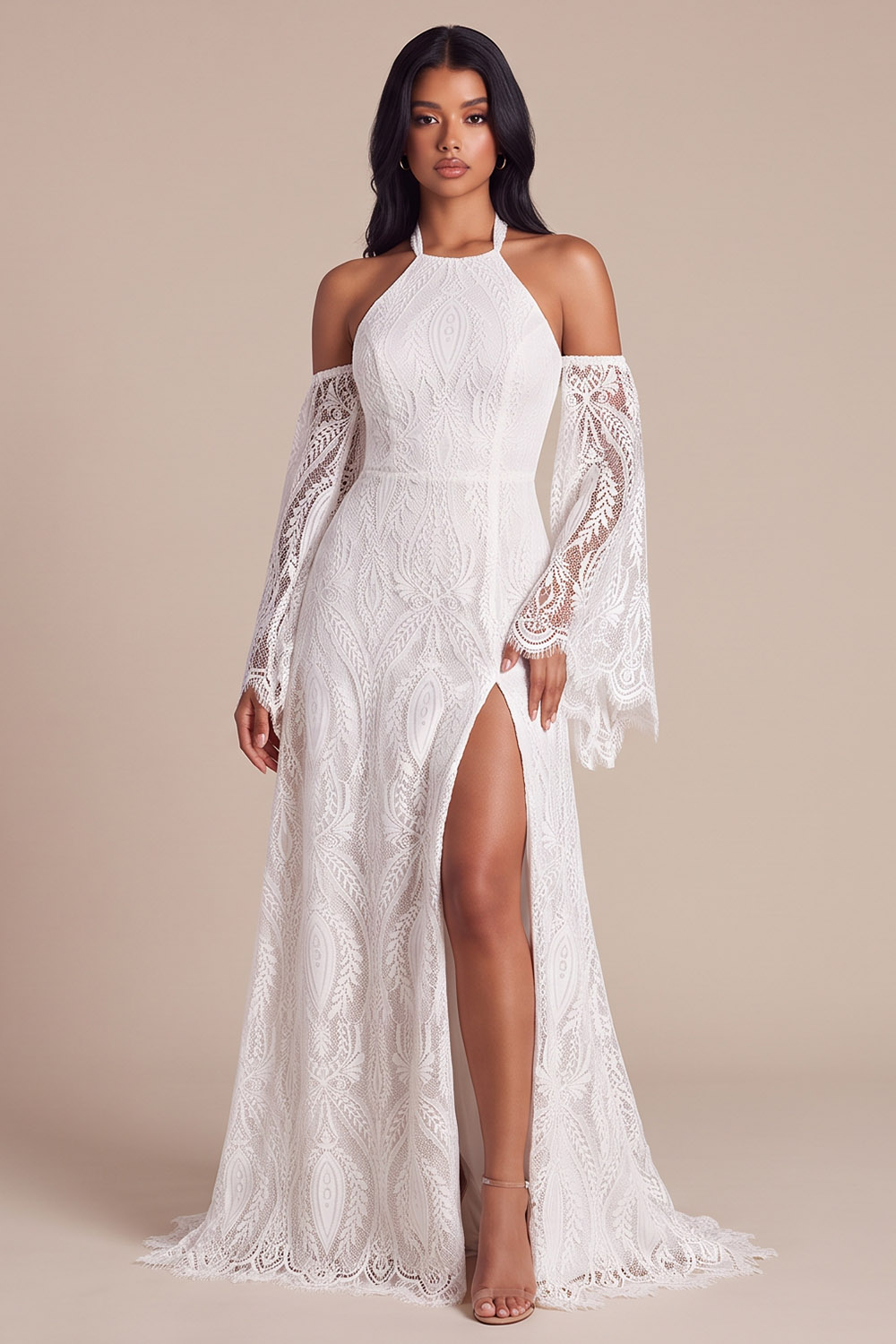 White A Line Halter Sweep Train Boho Wedding Dress with Lace