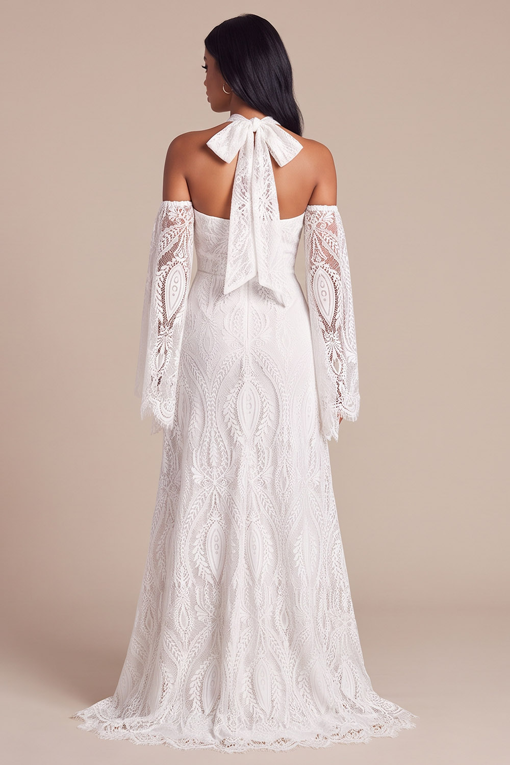 White A Line Halter Sweep Train Boho Wedding Dress with Lace