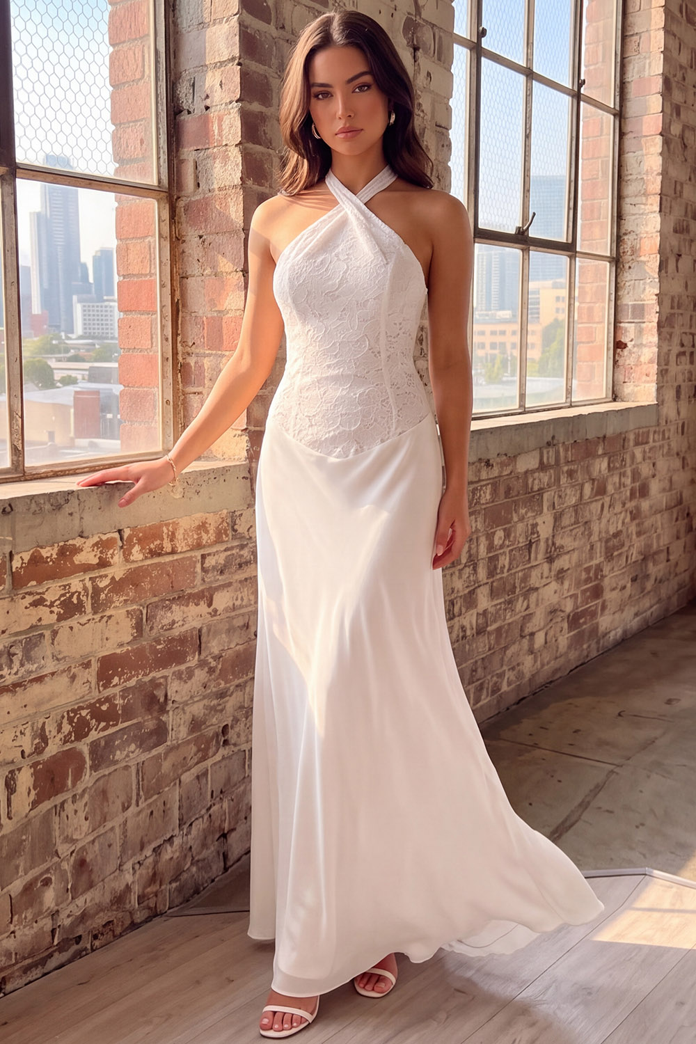 White Sheath Halter Long Rehearsal Dinner Dress with Lace