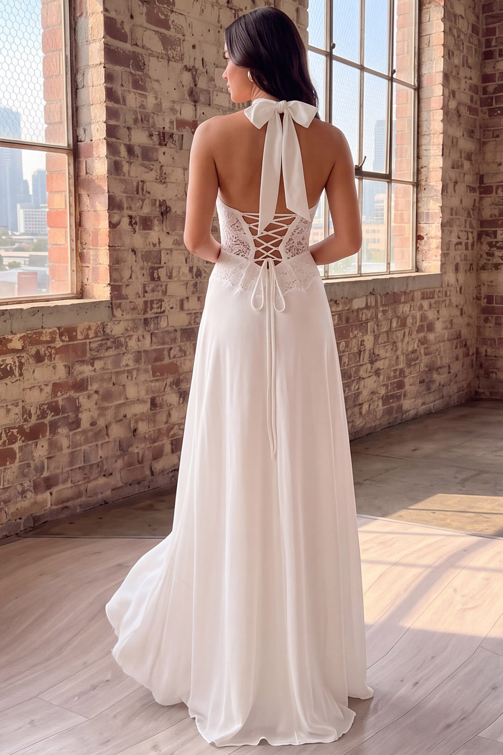 White Sheath Halter Long Rehearsal Dinner Dress with Lace
