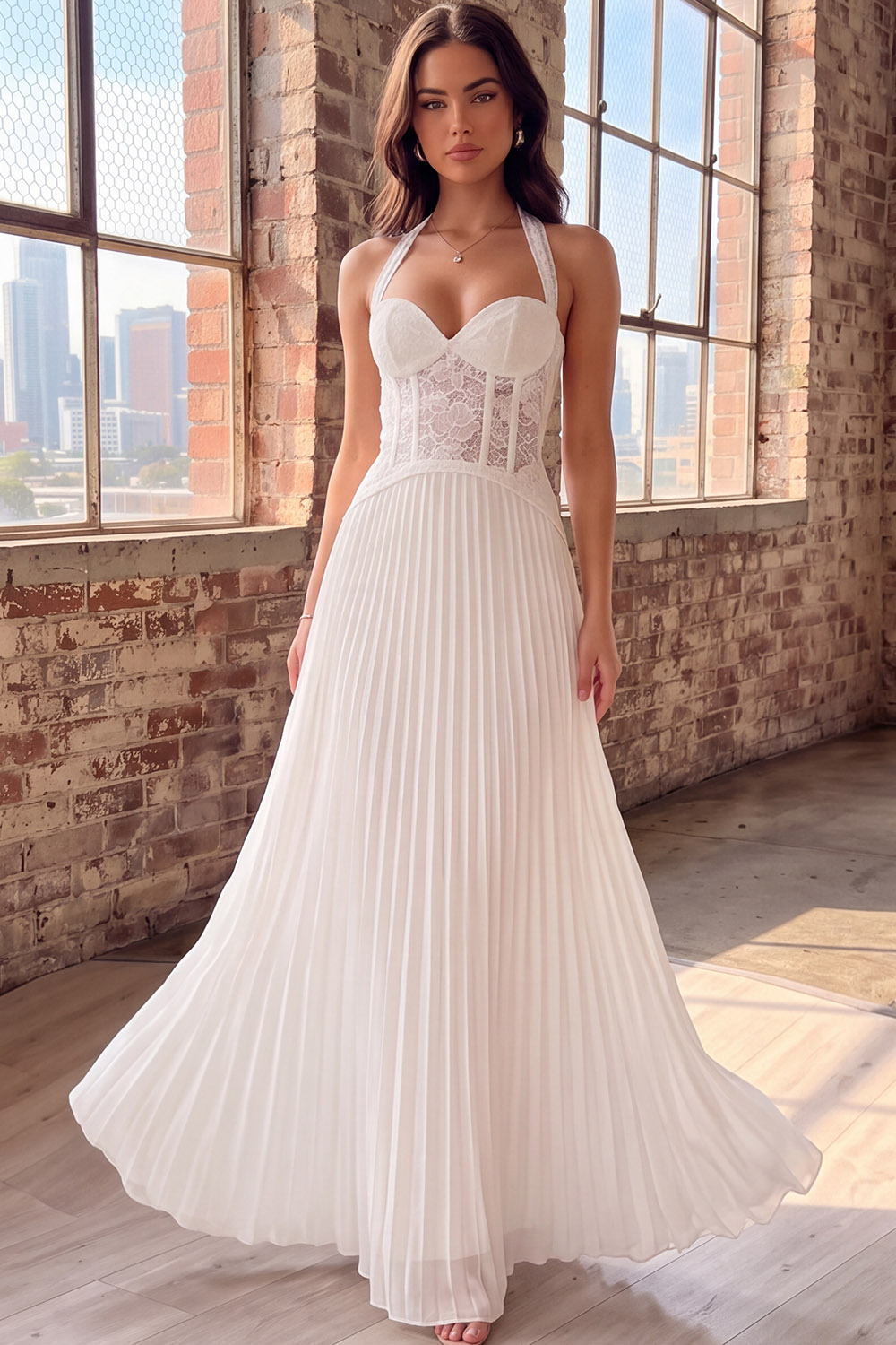 White Corset Halter Pleated Long Rehearsal Dinner Dress with Lace