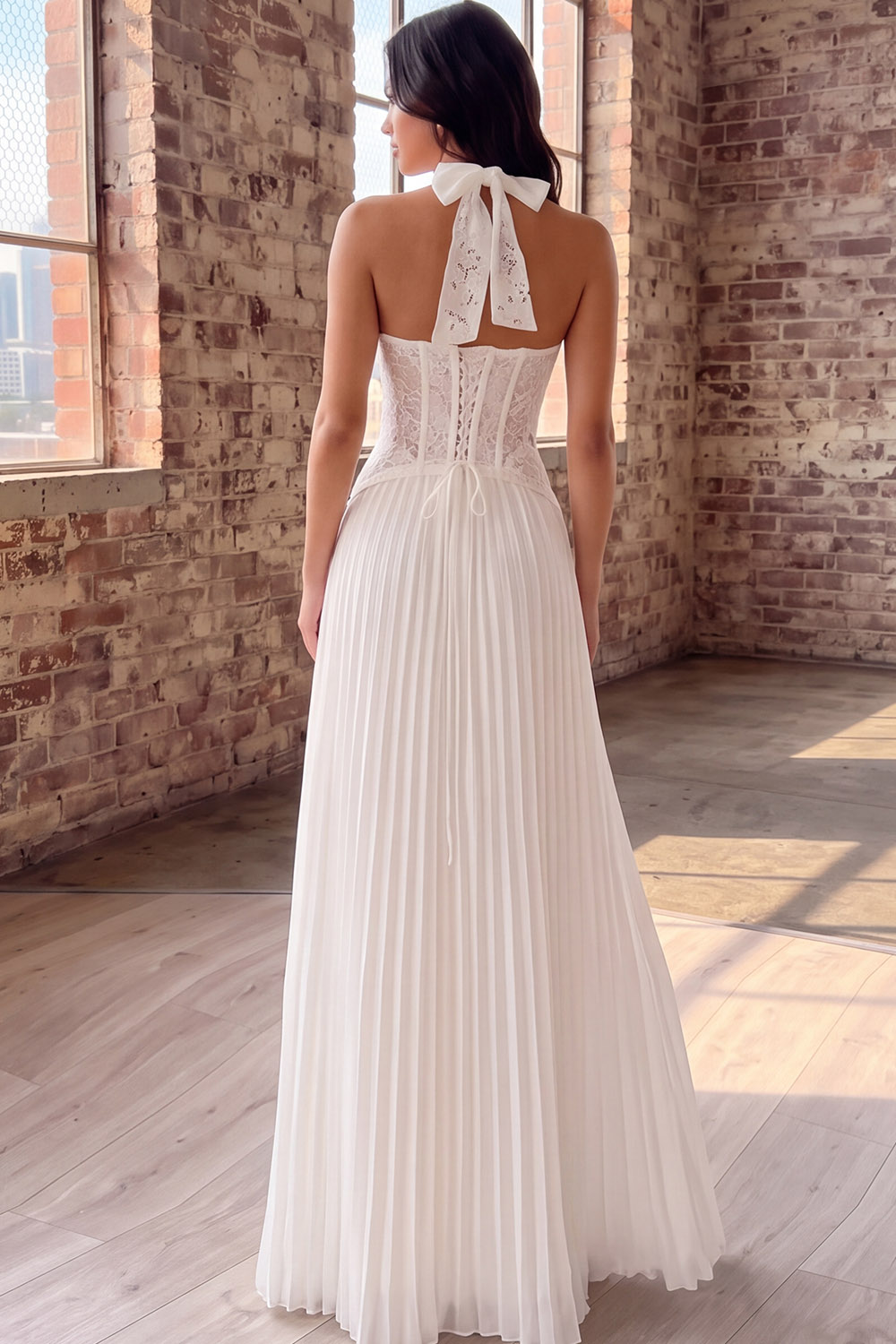 White Corset Halter Pleated Long Rehearsal Dinner Dress with Lace