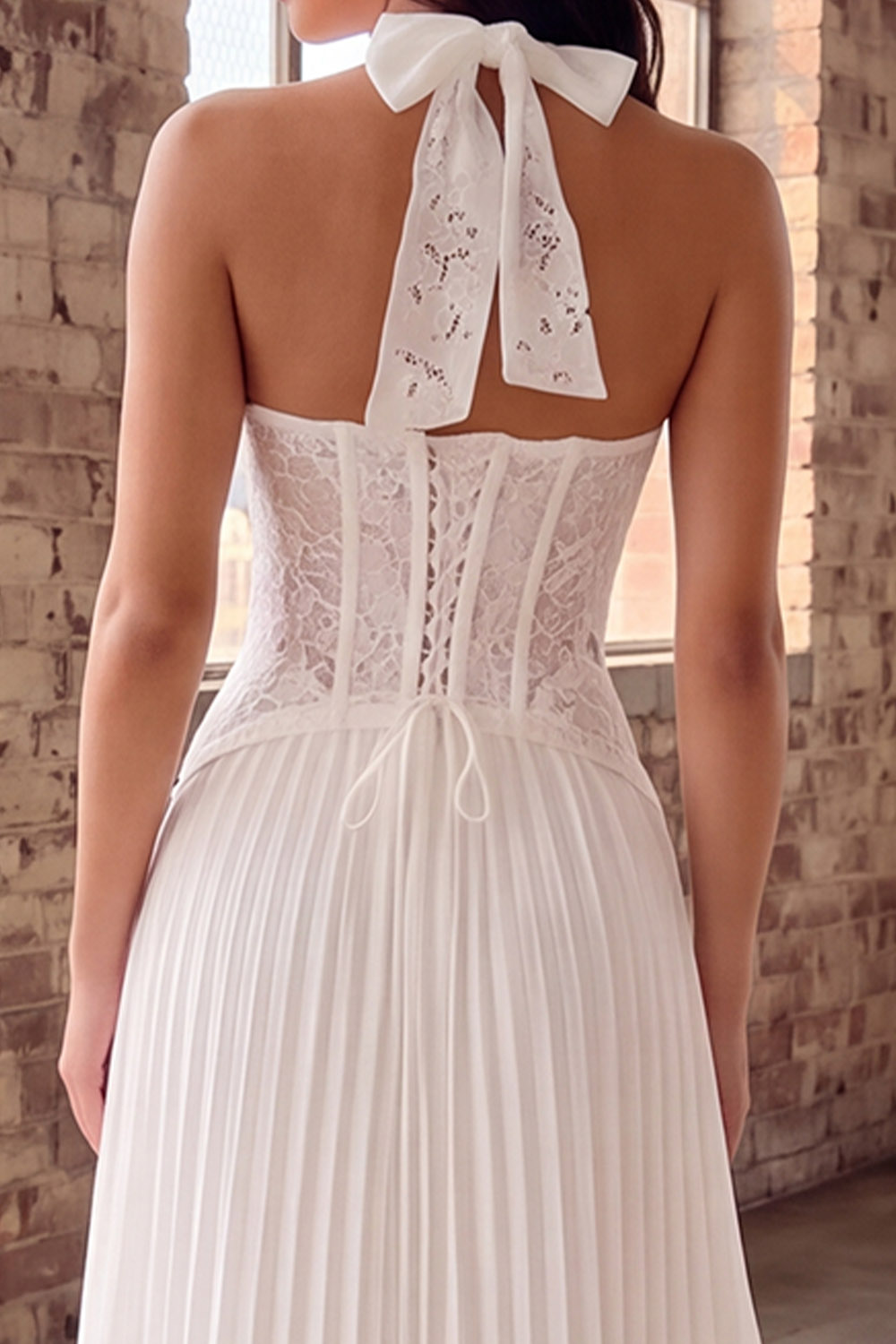 White Corset Halter Pleated Long Rehearsal Dinner Dress with Lace