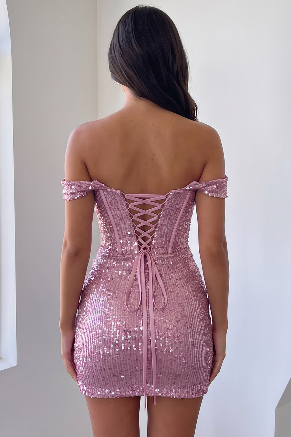 Pink Sparkly Corset Off the Shoulder Sequins Short Homecoming Dress