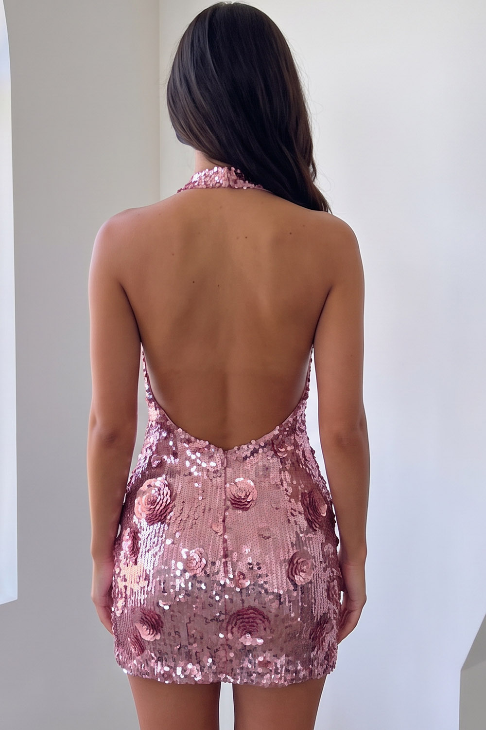 Sparkly Pink Halter Sequins Short Homecoming Dress with 3D Flowers