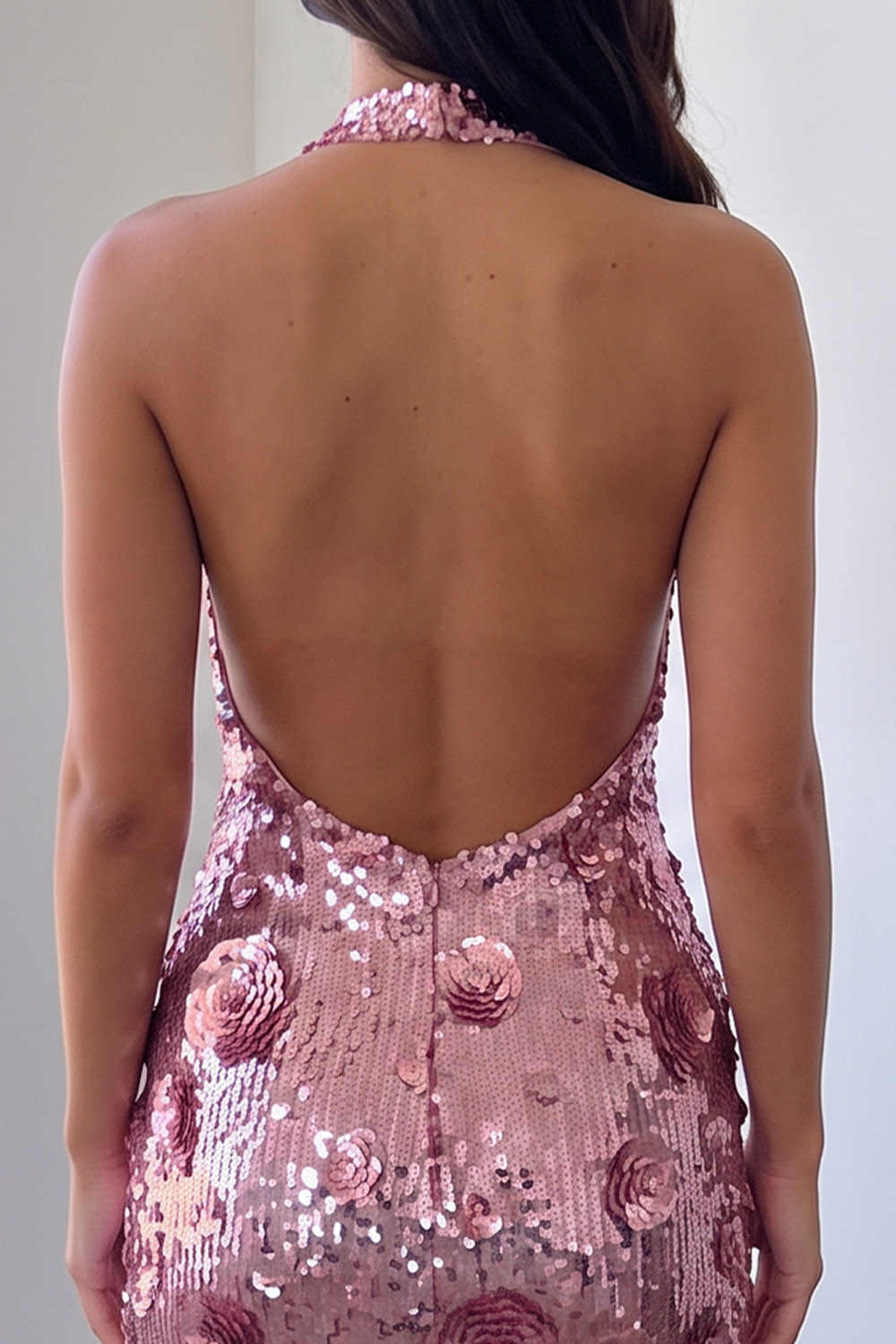 Sparkly Pink Halter Sequins Short Homecoming Dress with 3D Flowers