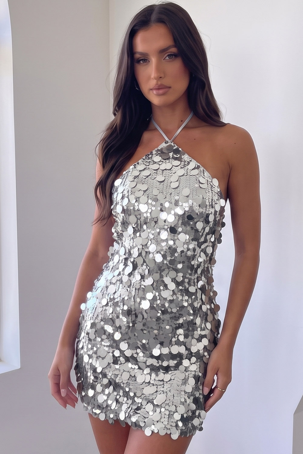 Purple Sparkly Sequins Bodycon Halter Short Homecoming Dress