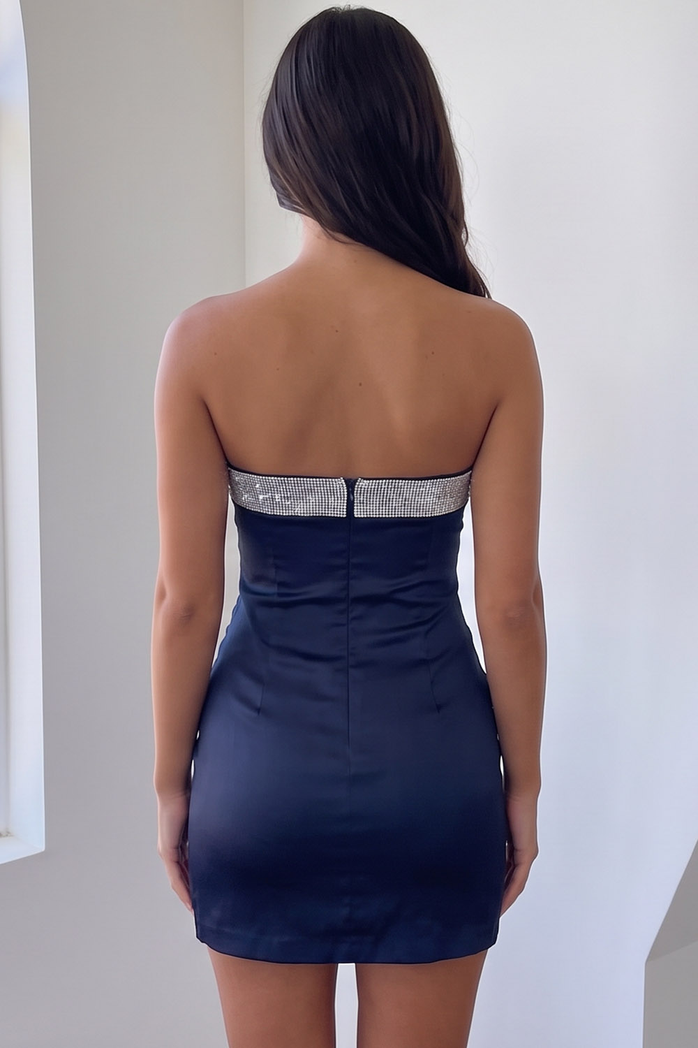 Navy Satin Strapless Bodycon Short Homecoming Dress with Beading