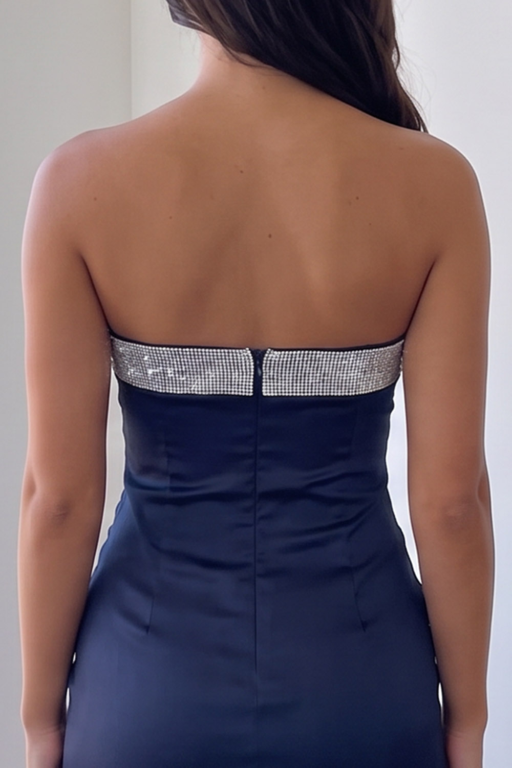 Navy Satin Strapless Bodycon Short Homecoming Dress with Beading