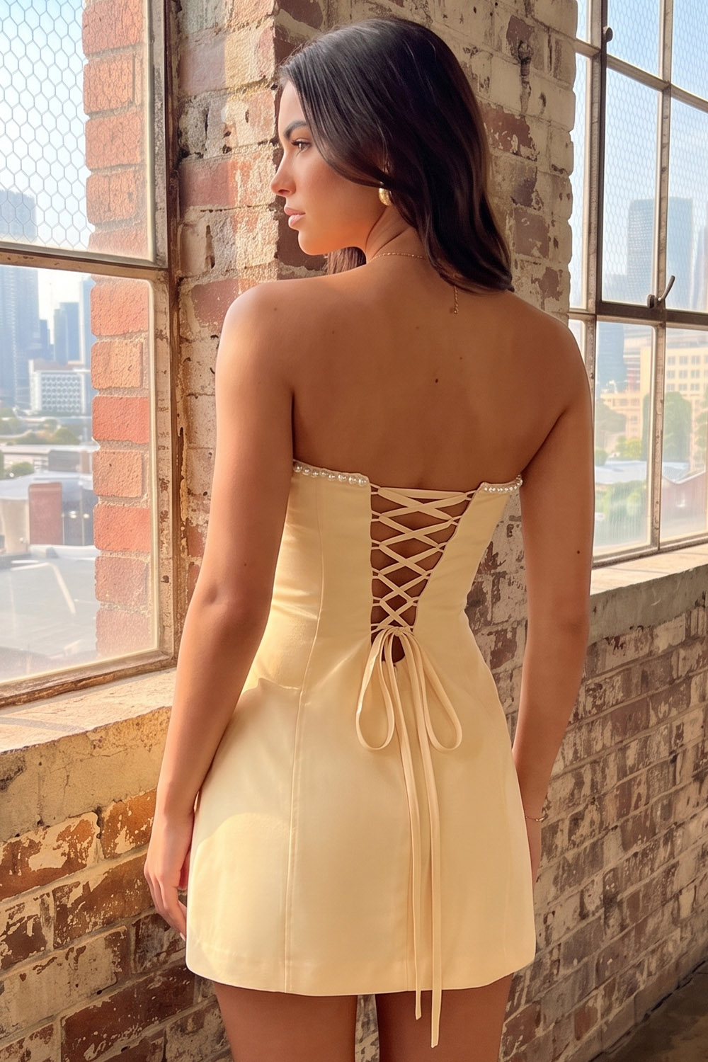Yellow Bodycon Strapless Short Homecoming Dress with Pearls