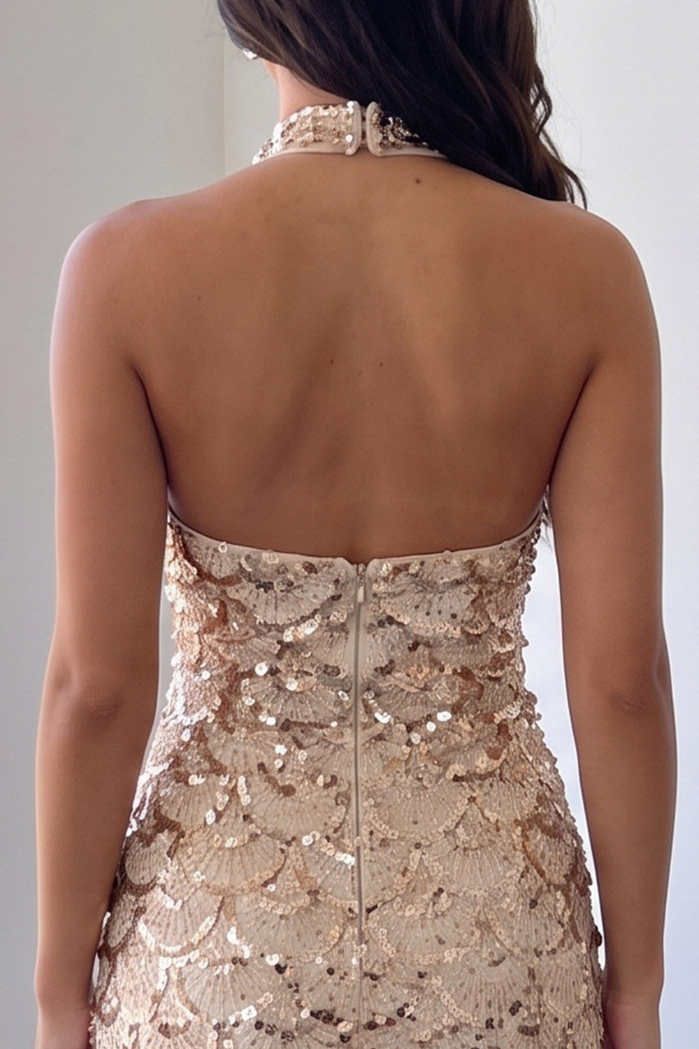 Champagne Sparkly Bodycon Halter Short Homecoming Dress with Sequins