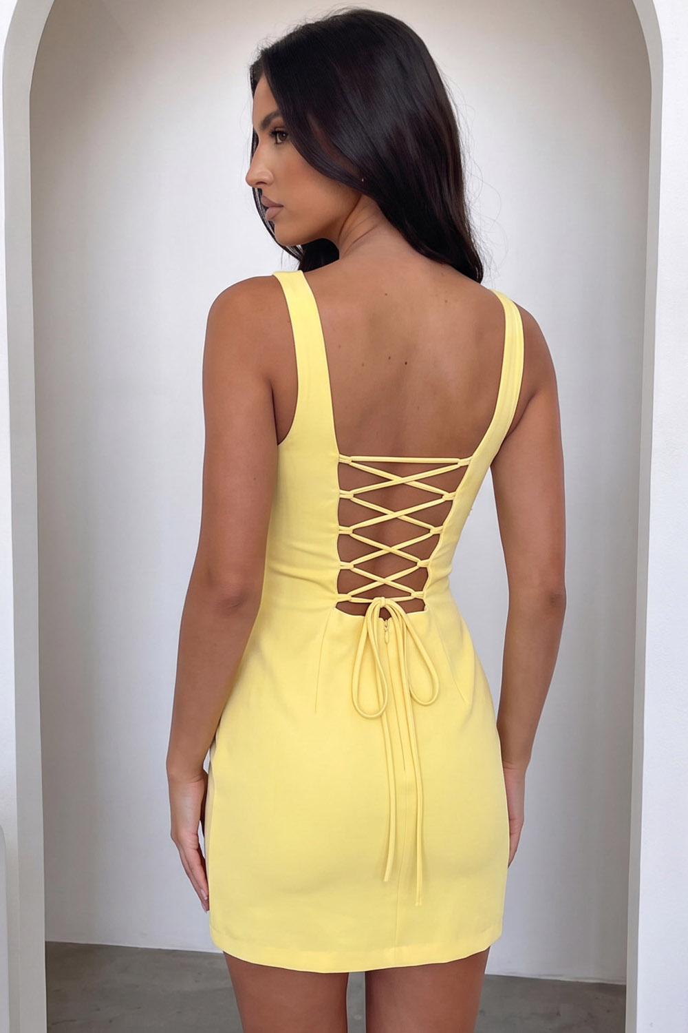 Yellow Bodycon Square Neck Short Birthday Dress with Slit