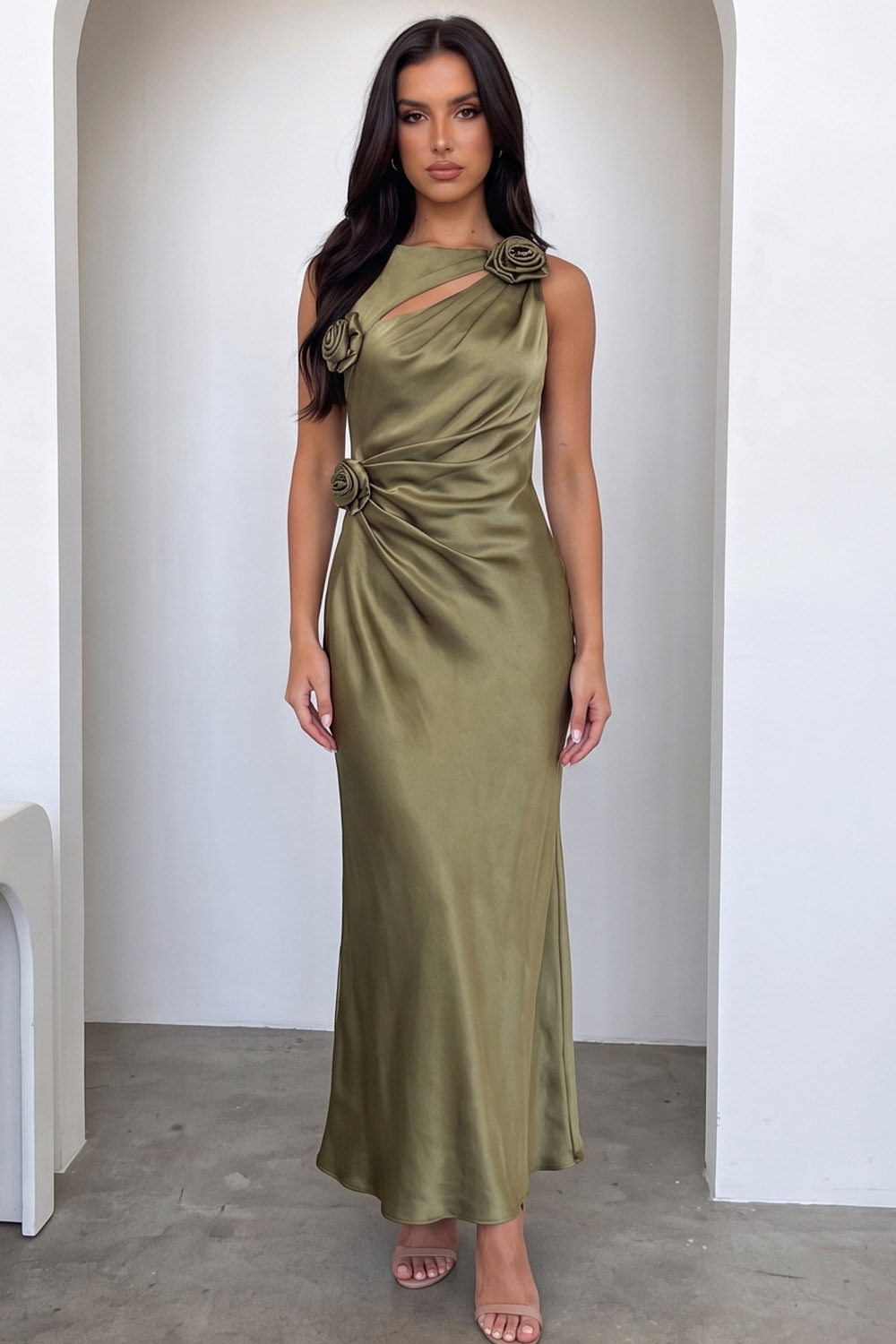Mustard Green Sheath Ruched Long Formal Dress with 3D Flowers