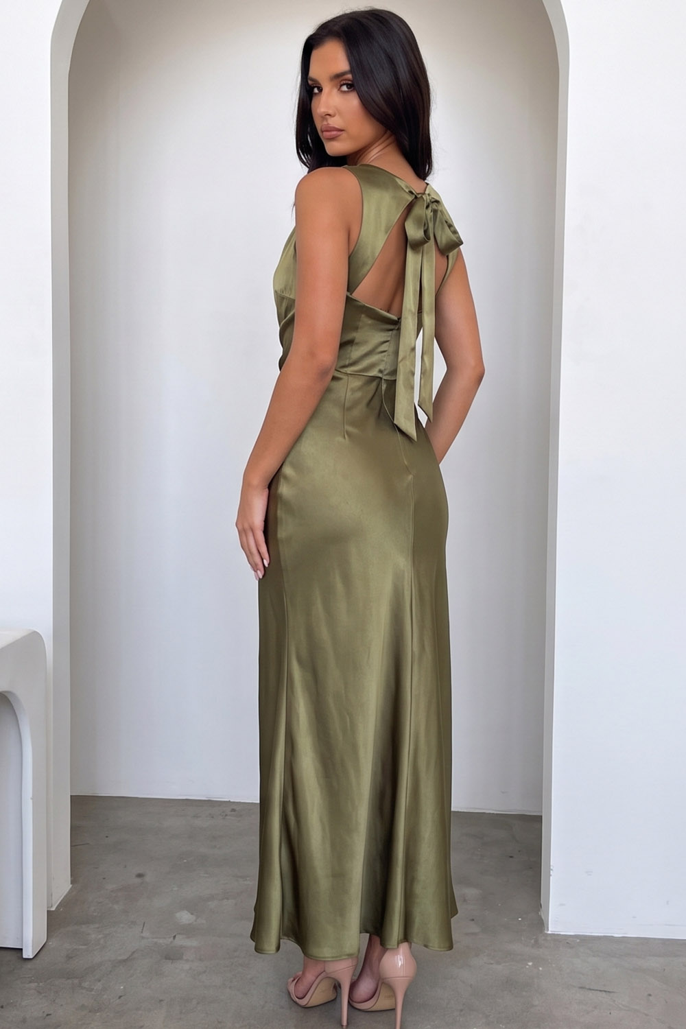 Mustard Green Sheath Ruched Long Formal Dress with 3D Flowers