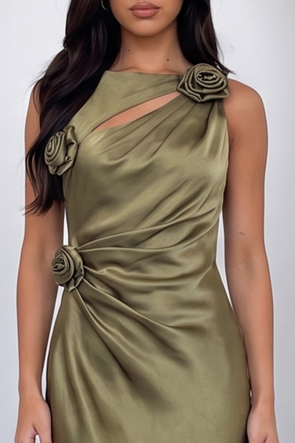 Mustard Green Sheath Ruched Long Formal Dress with 3D Flowers