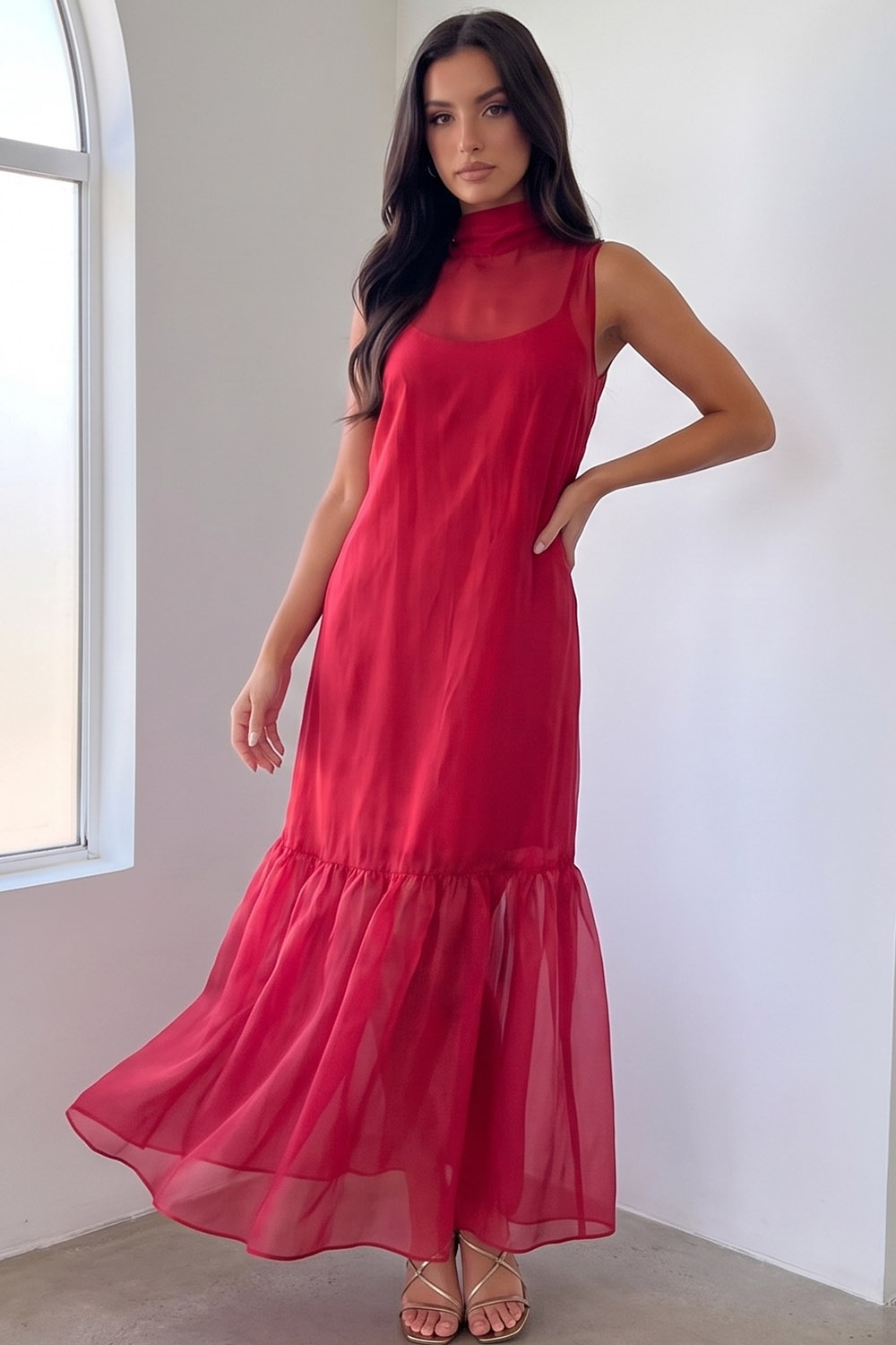 Red Sheath High Neck Long Formal Dress with Bow