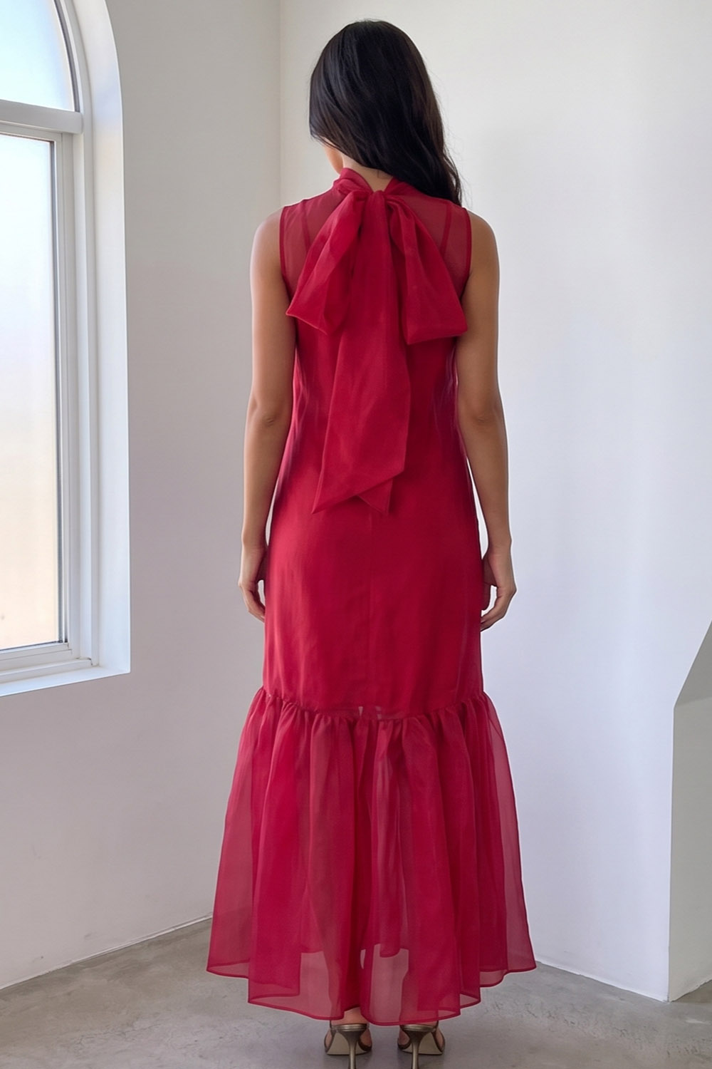 Red Sheath High Neck Long Formal Dress with Bow