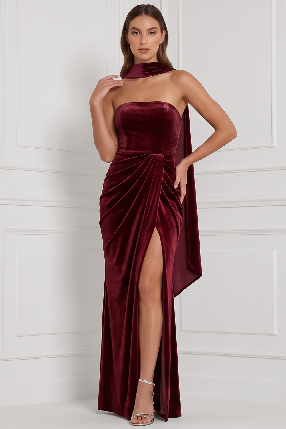 Espresso Velvet Sheath Strapless Ruched Long Holiday Party Dress with Side Slit