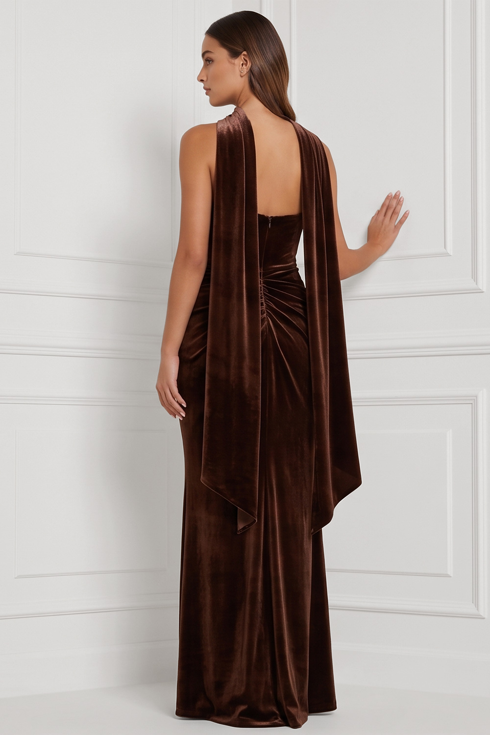 Espresso Velvet Sheath Strapless Ruched Long Holiday Party Dress with Side Slit