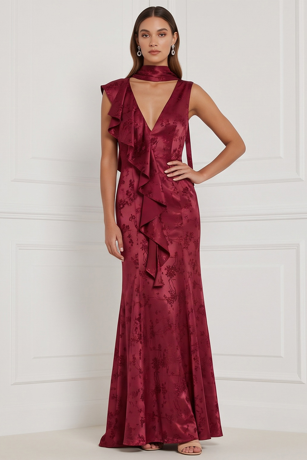 Burgundy Sheath V-Neck Floral Ruffled Long Formal Dress