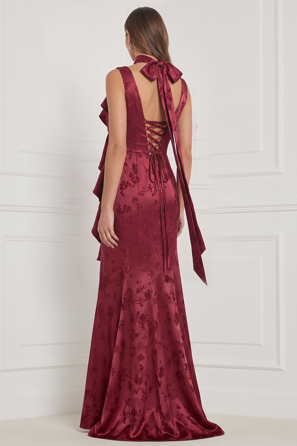 Burgundy Sheath V-Neck Floral Ruffled Long Formal Dress