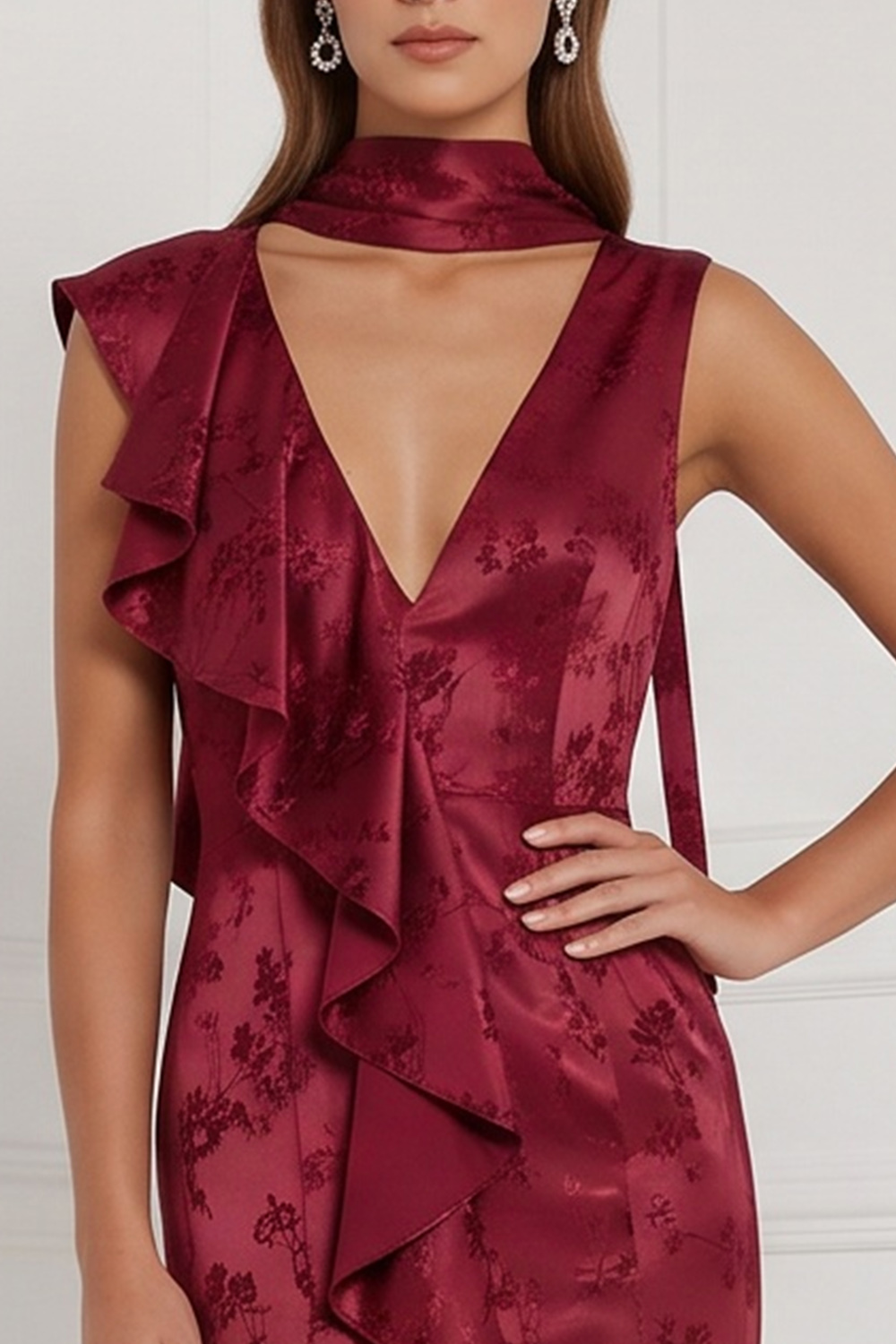 Burgundy Sheath V-Neck Floral Ruffled Long Formal Dress