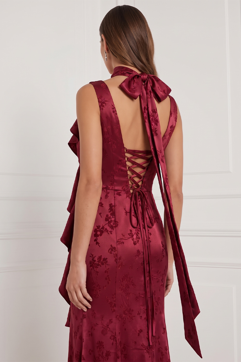 Burgundy Sheath V-Neck Floral Ruffled Long Formal Dress
