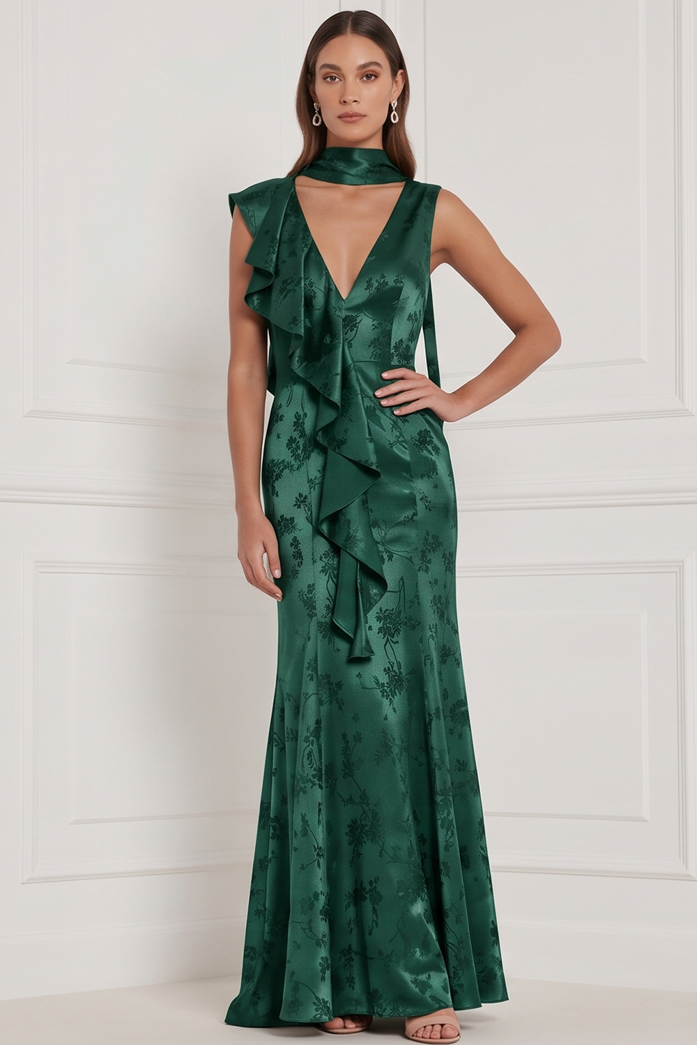 Burgundy Sheath V-Neck Floral Ruffled Long Formal Dress