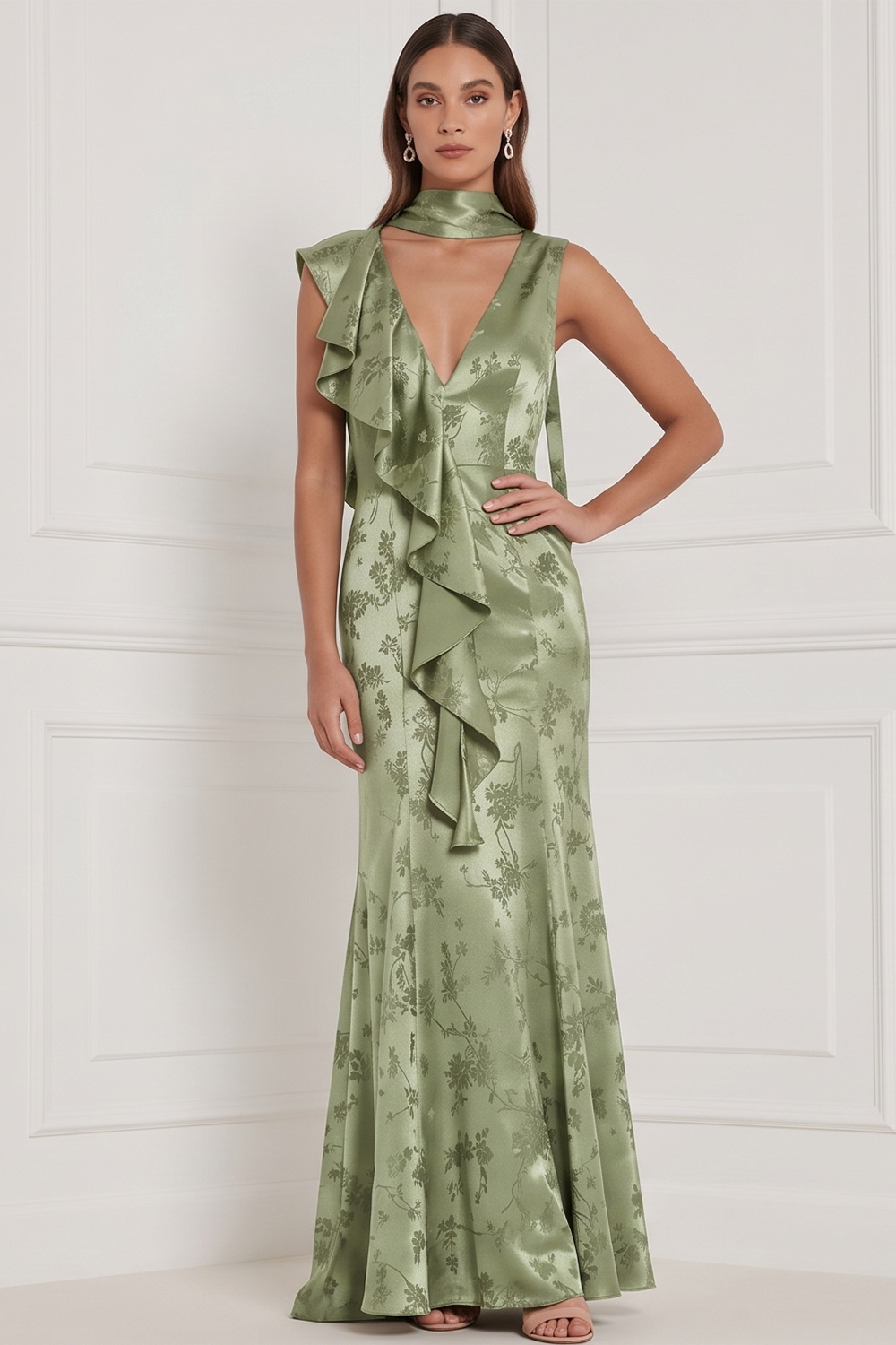 Burgundy Sheath V-Neck Floral Ruffled Long Formal Dress