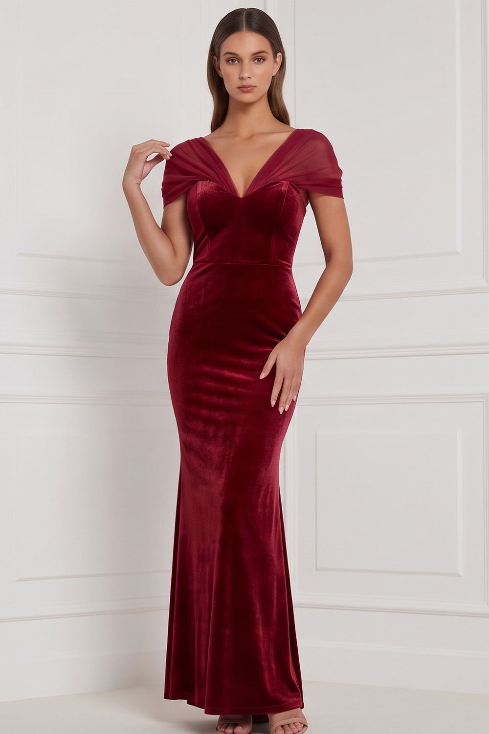 Burnt Orange Velvet Mermaid V-Neck Long Holiday Party Dress