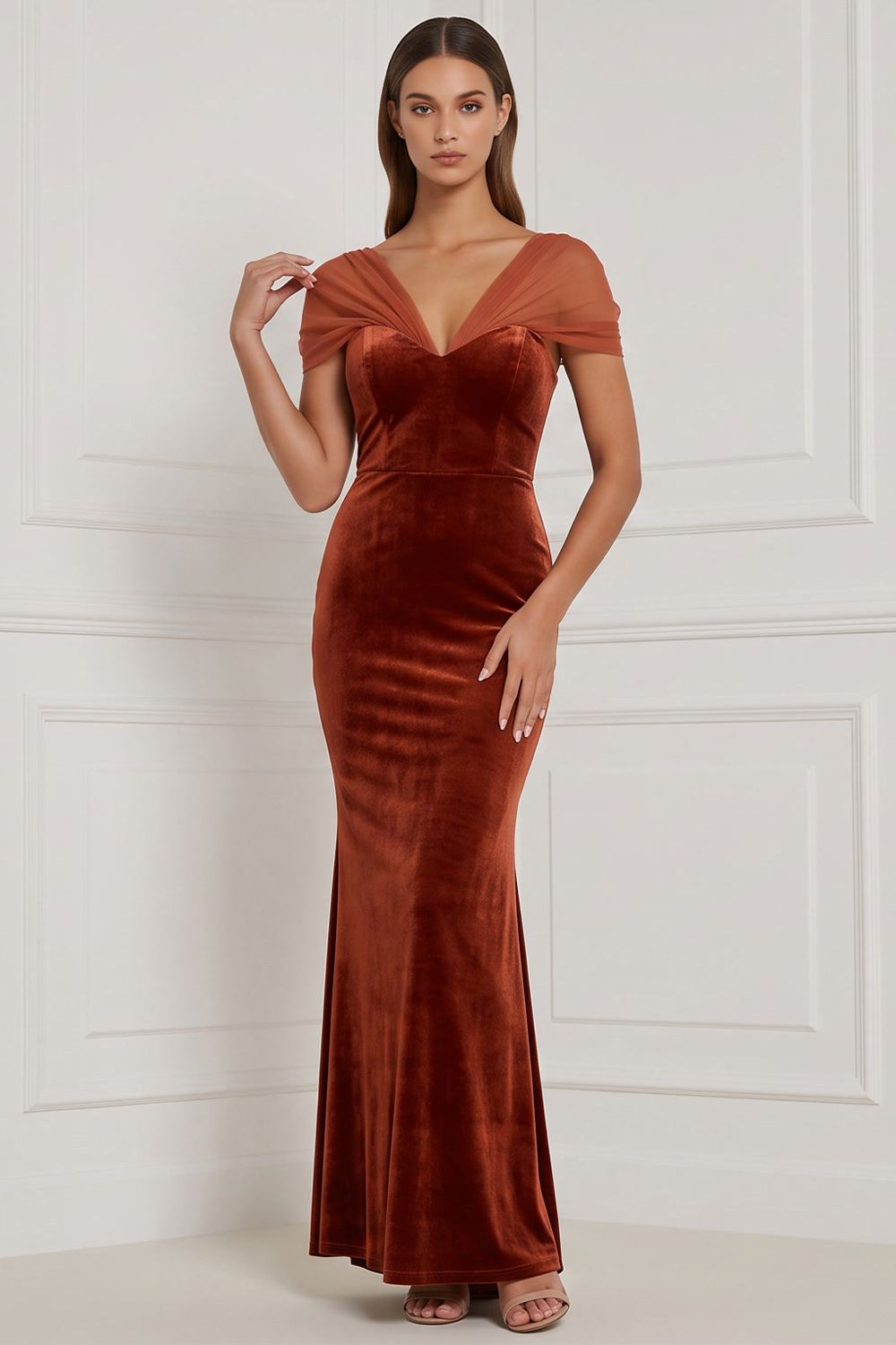 Burnt Orange Velvet Mermaid V-Neck Long Holiday Party Dress