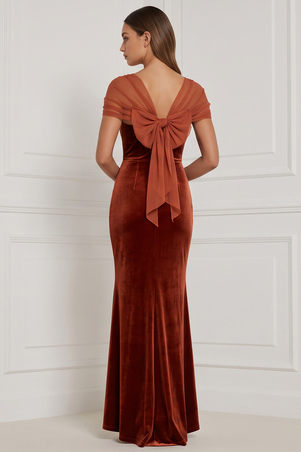 Burnt Orange Velvet Mermaid V-Neck Long Holiday Party Dress