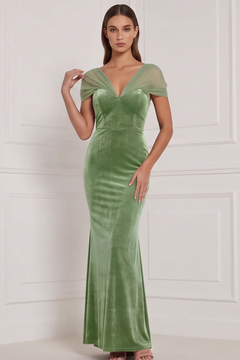 Burnt Orange Velvet Mermaid V-Neck Long Holiday Party Dress