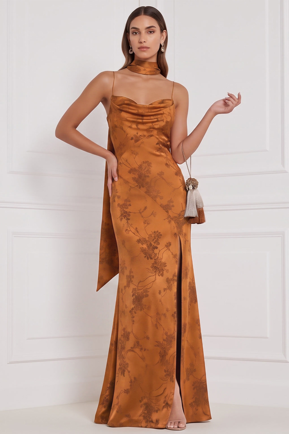 Burnt Orange Sheath Floral Spaghetti Straps Long Formal Dress with Slit