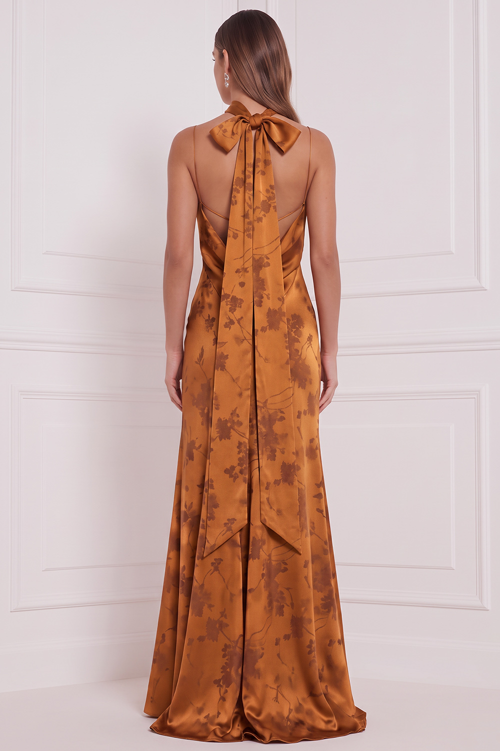 Burnt Orange Sheath Floral Spaghetti Straps Long Formal Dress with Slit