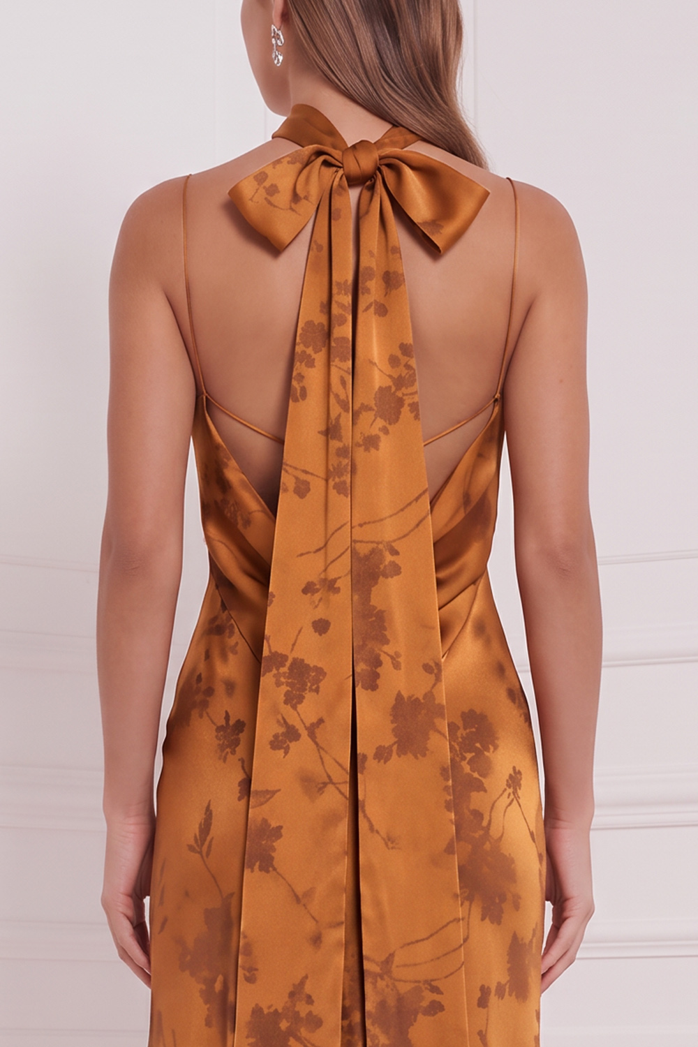 Burnt Orange Sheath Floral Spaghetti Straps Long Formal Dress with Slit